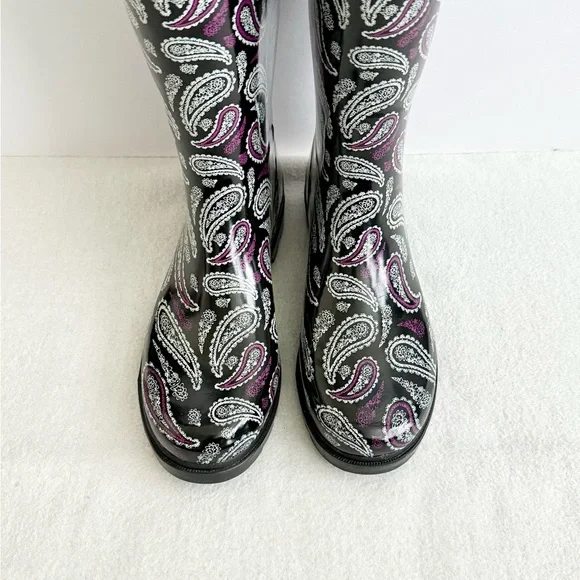 Paisley Rubber Rain Boots Black Purple - Picture 4 of 13